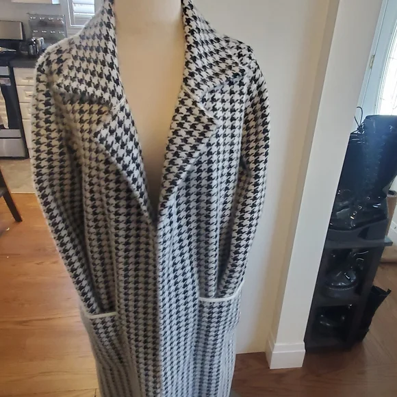 Houndstooth Long Open Front Coat  Black & White Chanel Style Cardigan Shacket - Picture 3 of 9
